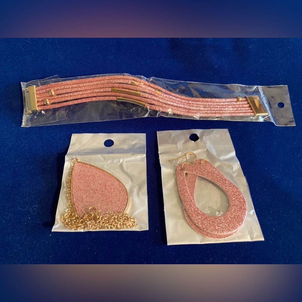 Pink and Gold Glitter 3 Piece Set Bracelet Earrings Necklace